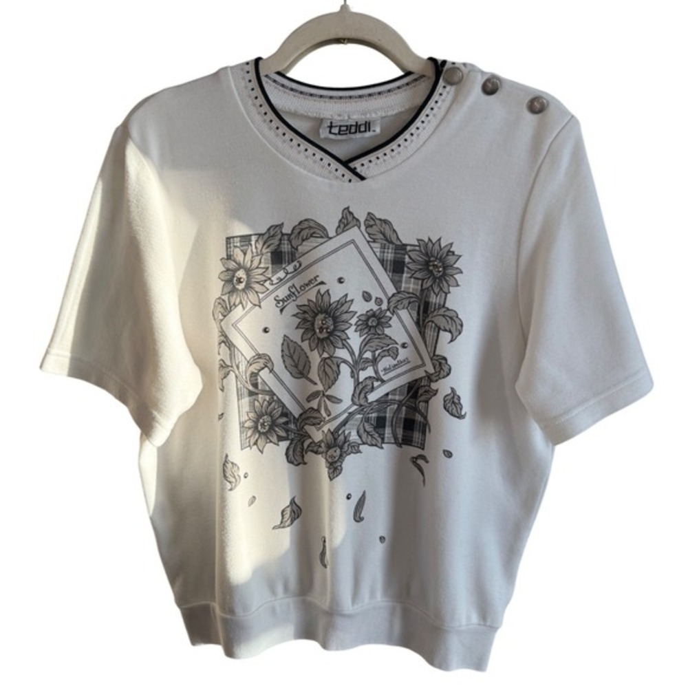 A8 80s VTG Teddi White Short Sleeve‎ Sweater Graphic Sunflower Plaid Top